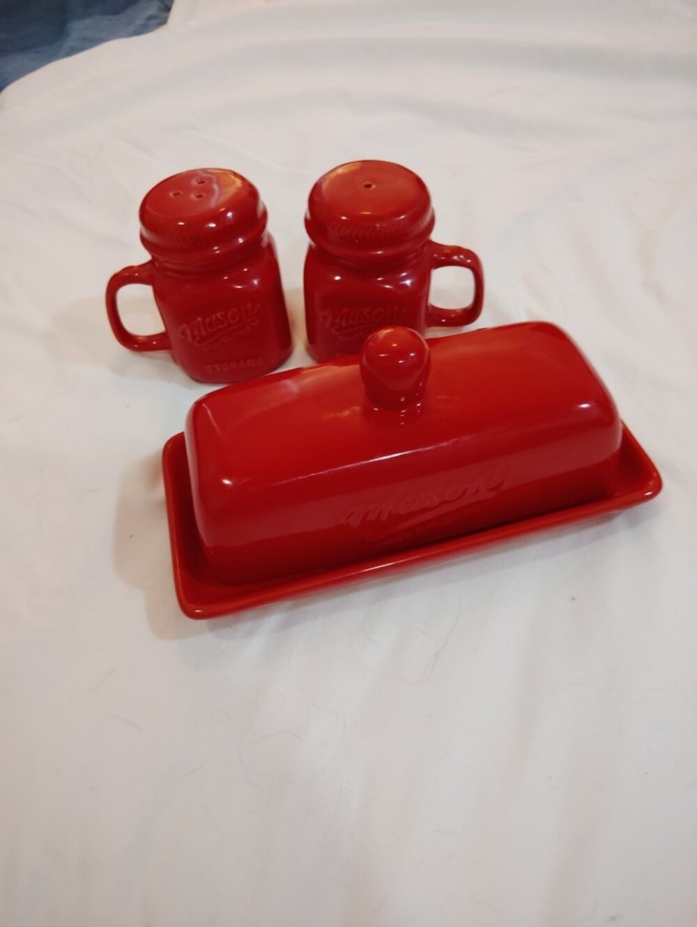 Mason Red Ceramic Butter Dish with Matching Salt & Pepper Shakers